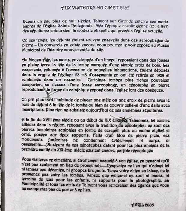 Talmont-sur-Gironde, panneau daté de 2005, à l'attention des visiteurs du cimetière