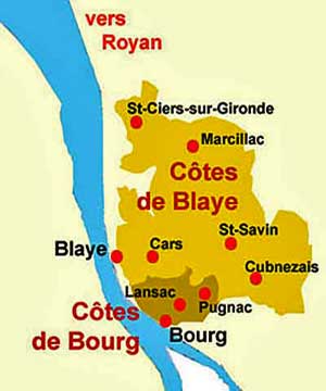carte côtes de Blaye et Côtes de Bourg