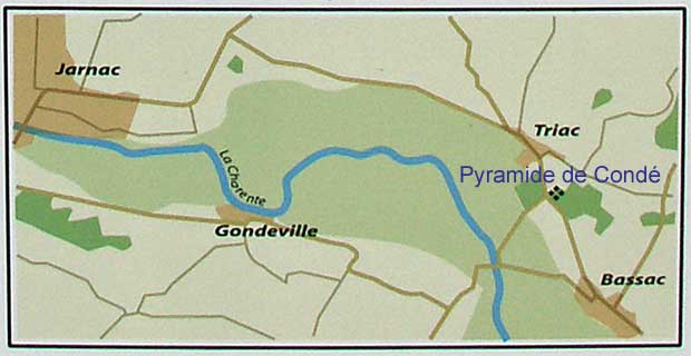 situation de la "Pyramide de Condé" à Triac sur la rive droite de la Charente